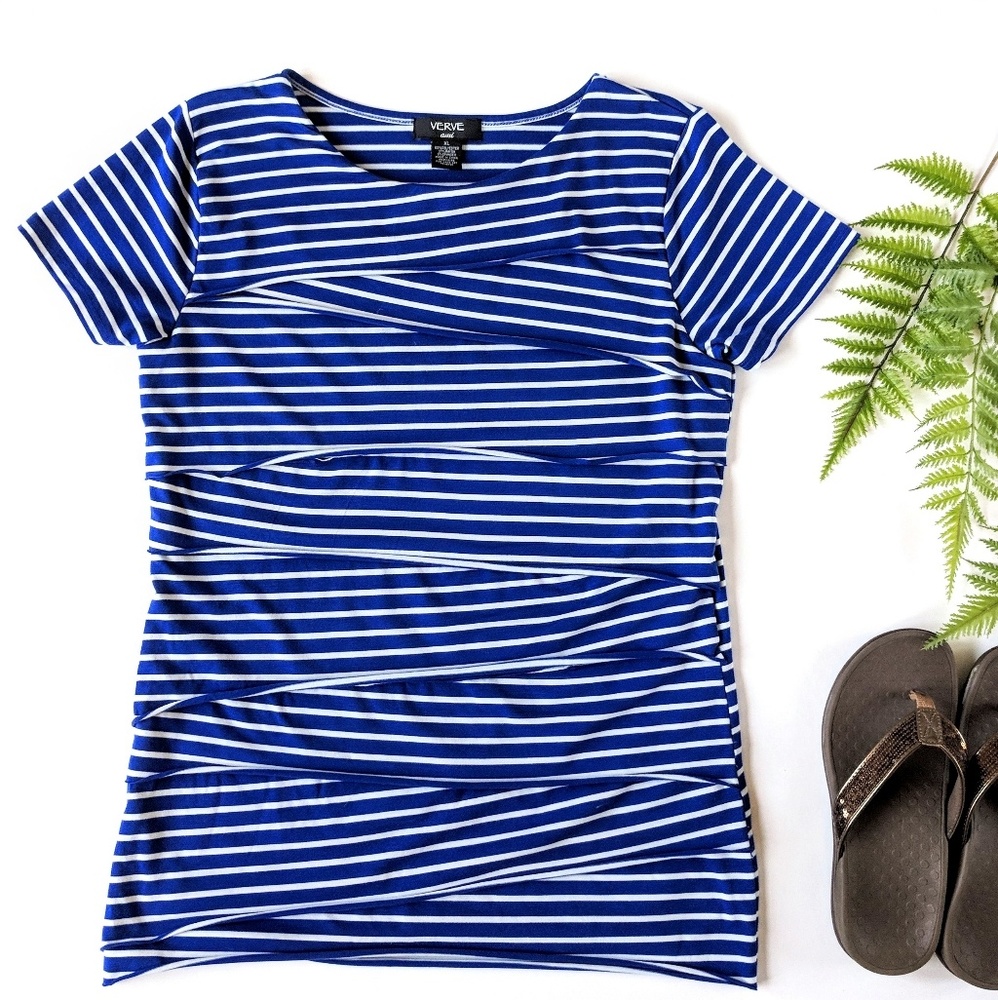 verve ami blue & white striped tiered short sleeve